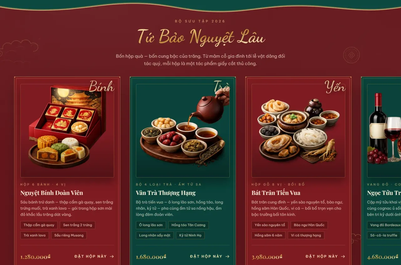 Bộ sưu tập hộp bánh Trung Thu doanh nghiệp cao cấp: hộp bánh, trà, yến, rượu vang kèm bảng giá
