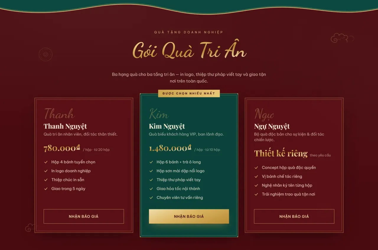 Ba hạng set quà Trung Thu doanh nghiệp theo ngân sách: Thanh Nguyệt, Kim Nguyệt, Ngự Nguyệt, có in logo thương hiệu